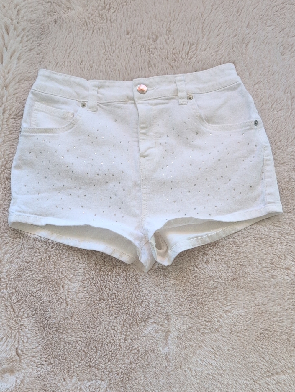Love Tree White High-Waist Rhinestone Denim Shorts